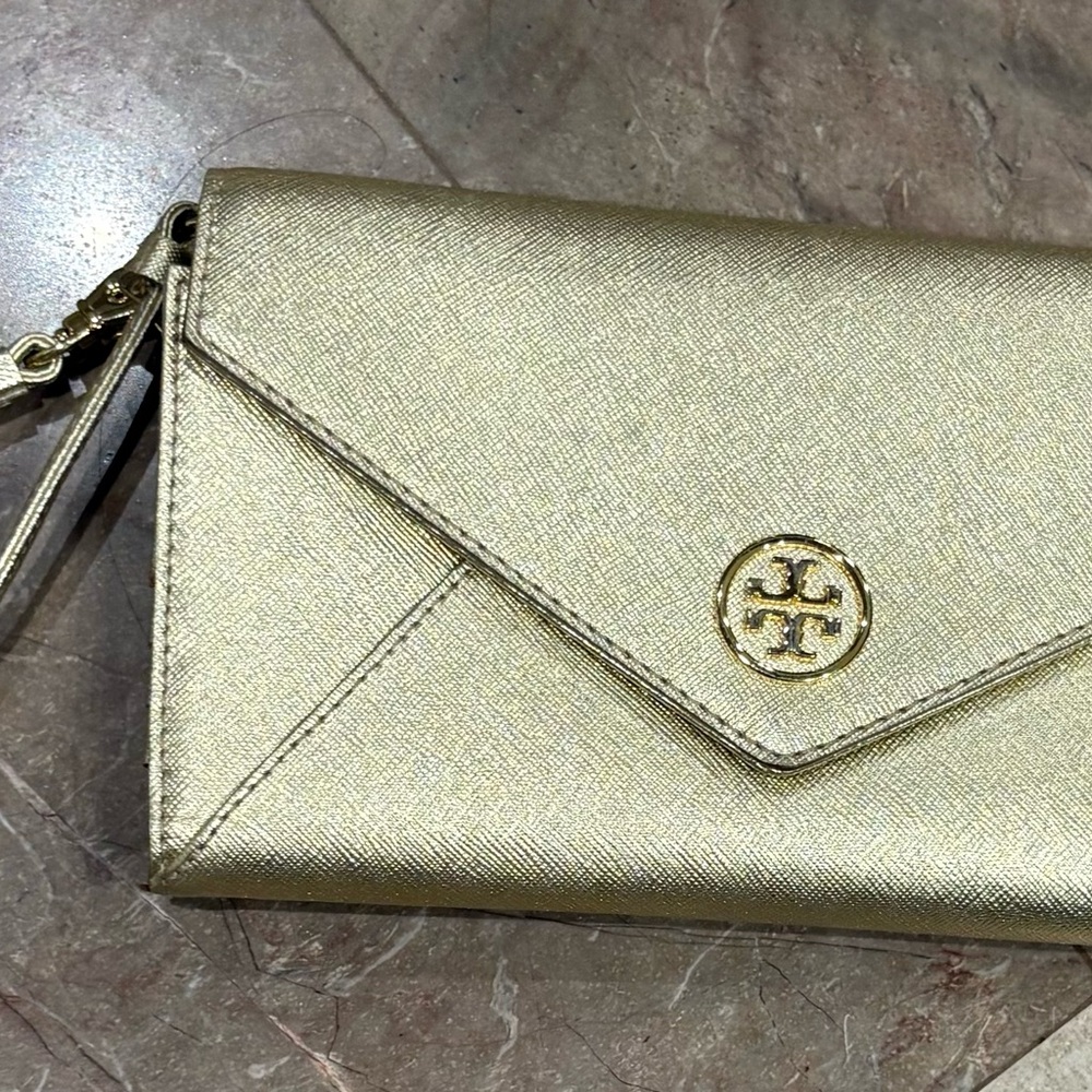 Tory Burch Metallic Gold Saffiano Leather Envelope Wristlet